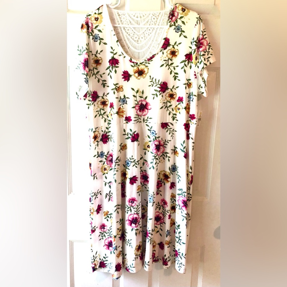 Bobbie Brooks Fuchsia Pink Gold Olive Floral White Lace Back Knit Dress 1X NWT